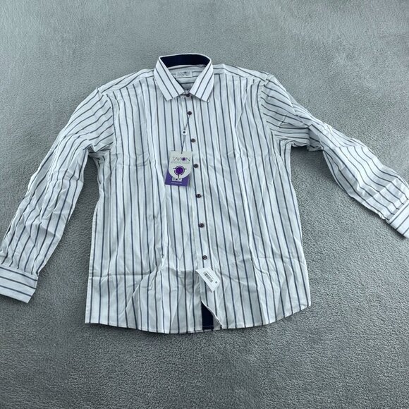 Tayion Mens White & Navy Striped Button-Up Shirt L NWT 2780 - Picture 1 of 10
